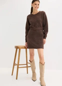 Kurzes Strickkleid mit softem Wollanteil und Gürtel|bonprix Best
