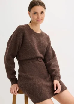 Kurzes Strickkleid mit softem Wollanteil und Gürtel|bonprix Best