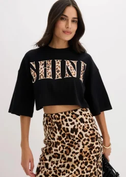 bonprix Nachhaltigere Materialien|Shirts & Tops|Kurzes T-Shirt aus reiner Bio-Baumwolle schwarz leo bedruckt