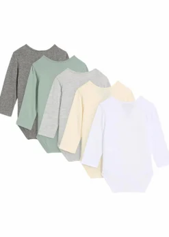 bonprix Bio Baumwolle|Bodys & Strampler|Langarmbody aus reiner Bio-Baumwolle (5er-Pack) hellgrau meliert+hellgrau meliert+rauchgrün+naturbeige+weiß