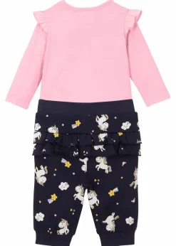 bonprix Hosen & Leggings|Shirts & Pullover|Langarmbody und Sweathose aus Bio-Baumwolle (2-tlg.Set) puderrosa + dunkelblau bedruckt