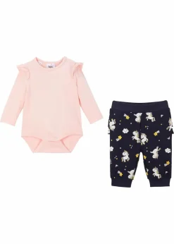 bonprix Hosen & Leggings|Shirts & Pullover|Langarmbody und Sweathose aus Bio-Baumwolle (2-tlg.Set) puderrosa + dunkelblau bedruckt