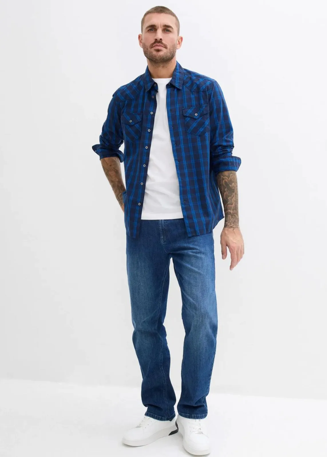 bonprix Große Größen|Hemden|Langarmhemd aus reiner Baumwolle dunkelblau kariert