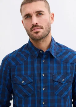 bonprix Große Größen|Hemden|Langarmhemd aus reiner Baumwolle dunkelblau kariert