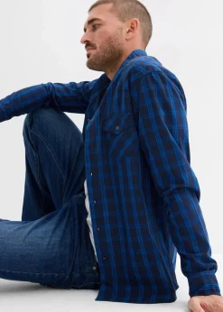 bonprix Große Größen|Hemden|Langarmhemd aus reiner Baumwolle dunkelblau kariert