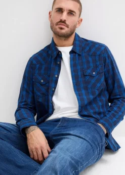 bonprix Große Größen|Hemden|Langarmhemd aus reiner Baumwolle dunkelblau kariert