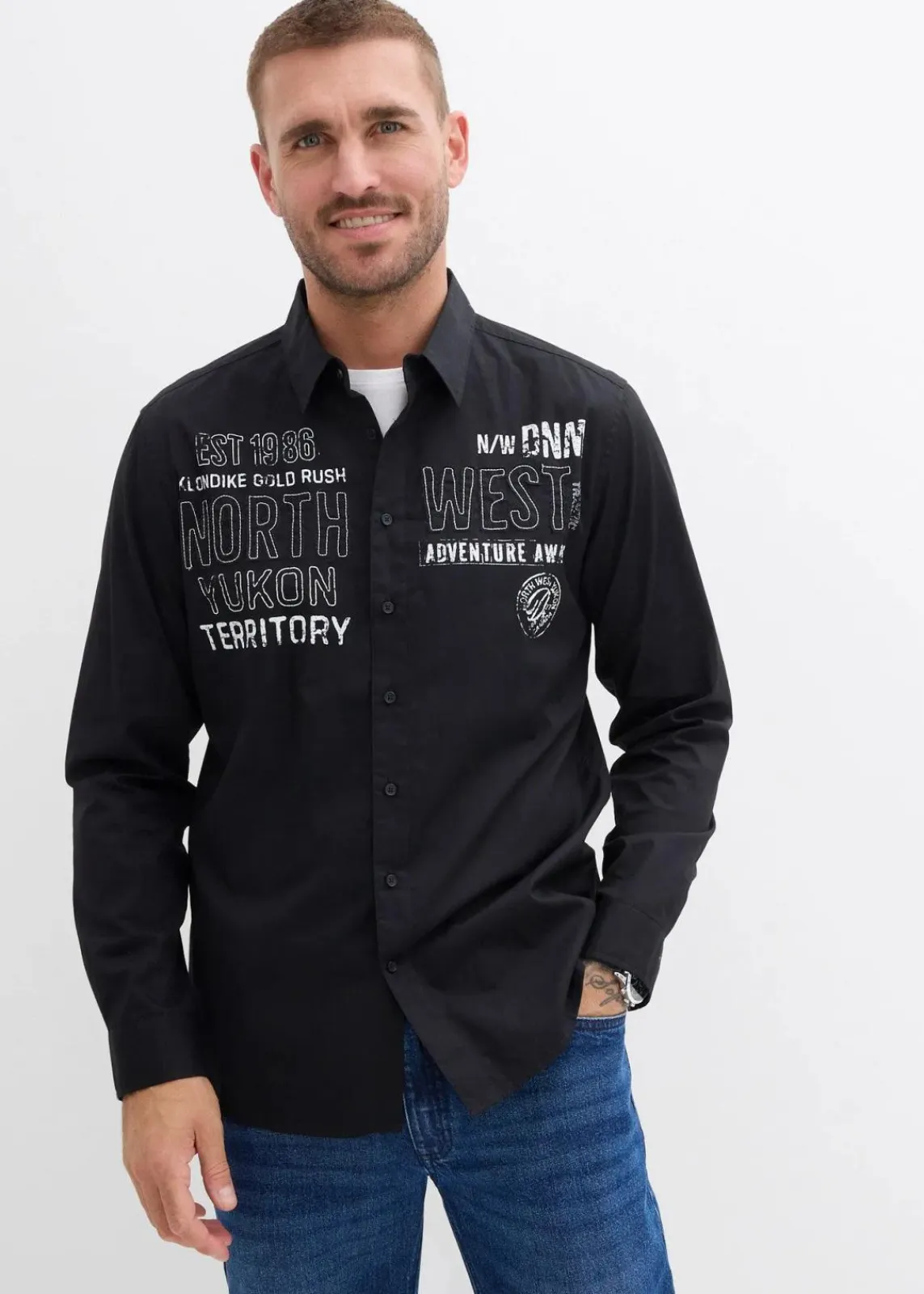 bonprix Große Größen|Hemden|Langarmhemd aus reiner Baumwolle schwarz bedruckt