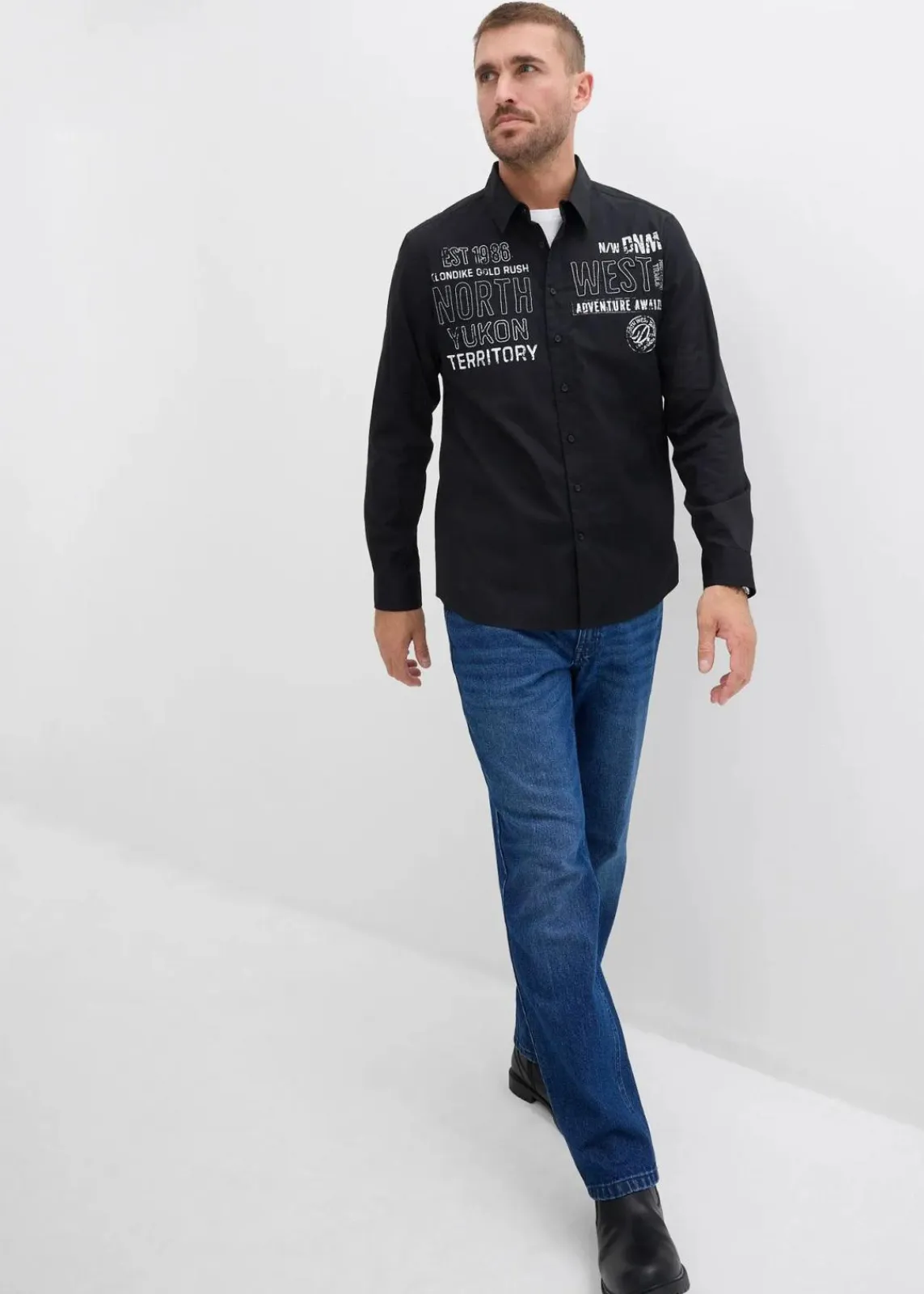 bonprix Große Größen|Hemden|Langarmhemd aus reiner Baumwolle schwarz bedruckt