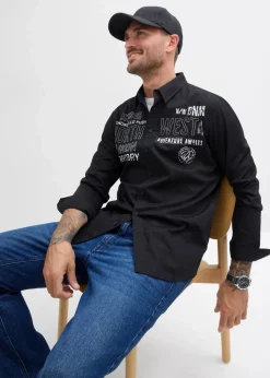 bonprix Große Größen|Hemden|Langarmhemd aus reiner Baumwolle schwarz bedruckt