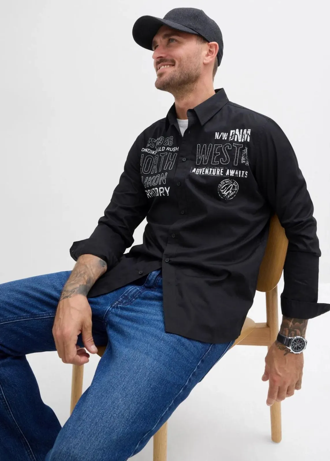 bonprix Große Größen|Hemden|Langarmhemd aus reiner Baumwolle schwarz bedruckt