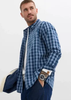 bonprix Große Größen|Hemden|Langarmhemd aus reiner Bio-Baumwolle tiefblau/rauchblau kariert