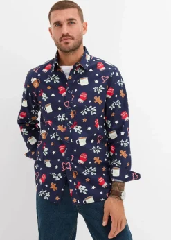 bonprix Große Größen|Hemden|Langarmhemd mit Weihnachtsmotiv aus reiner Baumwolle dunkelblau