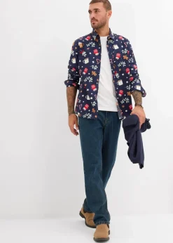 bonprix Große Größen|Hemden|Langarmhemd mit Weihnachtsmotiv aus reiner Baumwolle dunkelblau