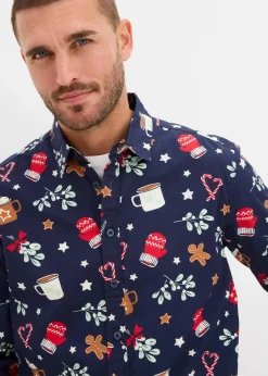 bonprix Große Größen|Hemden|Langarmhemd mit Weihnachtsmotiv aus reiner Baumwolle dunkelblau