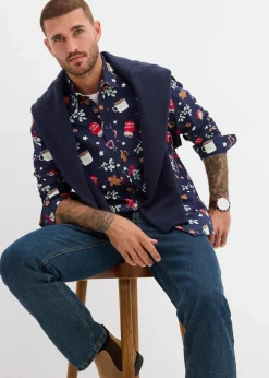 bonprix Große Größen|Hemden|Langarmhemd mit Weihnachtsmotiv aus reiner Baumwolle dunkelblau