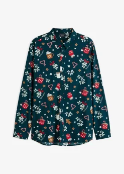 bonprix Hemden|Große Größen|Langarmhemd mit Weihnachtsmotiv aus reiner Baumwolle tiefgrün