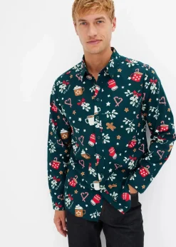 bonprix Hemden|Große Größen|Langarmhemd mit Weihnachtsmotiv aus reiner Baumwolle tiefgrün
