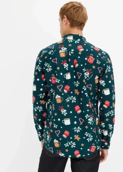 bonprix Hemden|Große Größen|Langarmhemd mit Weihnachtsmotiv aus reiner Baumwolle tiefgrün