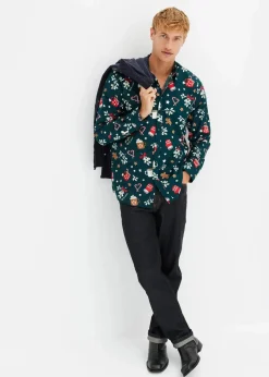 bonprix Hemden|Große Größen|Langarmhemd mit Weihnachtsmotiv aus reiner Baumwolle tiefgrün
