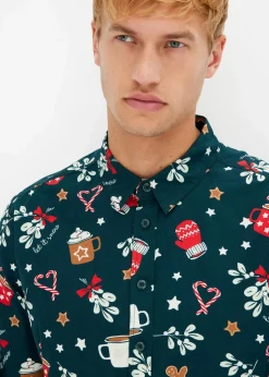 bonprix Hemden|Große Größen|Langarmhemd mit Weihnachtsmotiv aus reiner Baumwolle tiefgrün