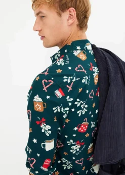 bonprix Hemden|Große Größen|Langarmhemd mit Weihnachtsmotiv aus reiner Baumwolle tiefgrün
