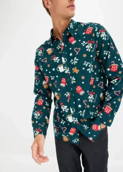 bonprix Hemden|Große Größen|Langarmhemd mit Weihnachtsmotiv aus reiner Baumwolle tiefgrün