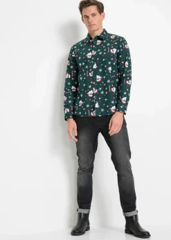 Langarmhemd mit Weihnachts-Druck aus reiner Baumwolle, Slim Fit|bonprix Outlet