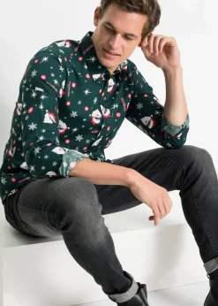 Langarmhemd mit Weihnachts-Druck aus reiner Baumwolle, Slim Fit|bonprix Outlet