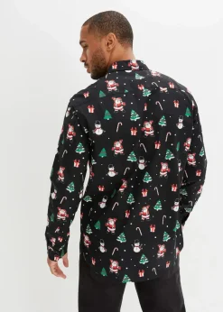 bonprix Große Größen|Hemden|Langarmhemd mit Weihnachtsmotiv aus reiner Baumwolle schwarz