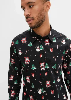 bonprix Große Größen|Hemden|Langarmhemd mit Weihnachtsmotiv aus reiner Baumwolle schwarz