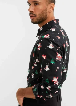 bonprix Große Größen|Hemden|Langarmhemd mit Weihnachtsmotiv aus reiner Baumwolle schwarz