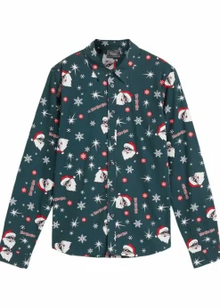 bonprix Jungen 9-16 Jahre·Anzüge & Hemden|Langarmhemd mit Weihnachtsmotiv, Slim Fit tiefgrün