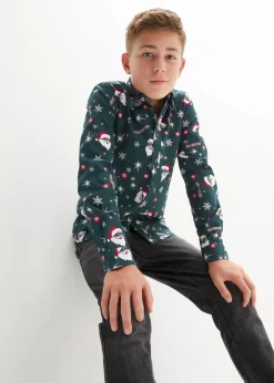 bonprix Jungen 9-16 Jahre·Anzüge & Hemden|Langarmhemd mit Weihnachtsmotiv, Slim Fit tiefgrün