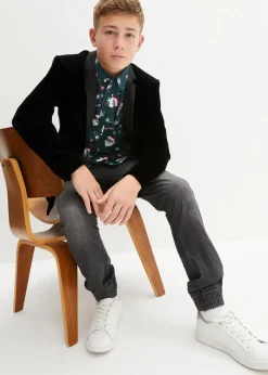 bonprix Jungen 9-16 Jahre·Anzüge & Hemden|Langarmhemd mit Weihnachtsmotiv, Slim Fit tiefgrün