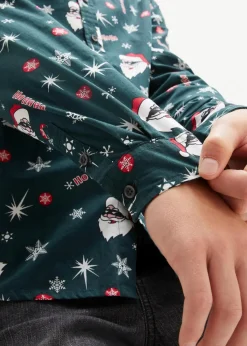 bonprix Jungen 9-16 Jahre·Anzüge & Hemden|Langarmhemd mit Weihnachtsmotiv, Slim Fit tiefgrün