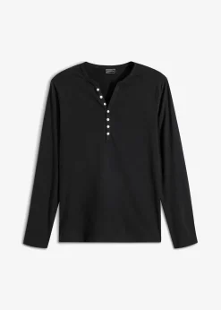bonprix Große Größen|Shirts & Polos|Langarm-Henleyshirt aus reiner Bio-Baumwolle, Slim Fit schwarz
