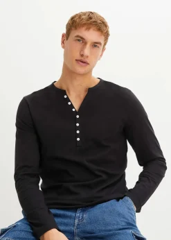bonprix Große Größen|Shirts & Polos|Langarm-Henleyshirt aus reiner Bio-Baumwolle, Slim Fit schwarz