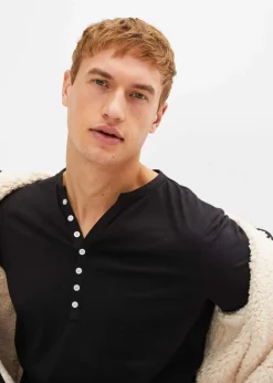 bonprix Große Größen|Shirts & Polos|Langarm-Henleyshirt aus reiner Bio-Baumwolle, Slim Fit schwarz