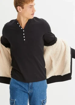 bonprix Große Größen|Shirts & Polos|Langarm-Henleyshirt aus reiner Bio-Baumwolle, Slim Fit schwarz