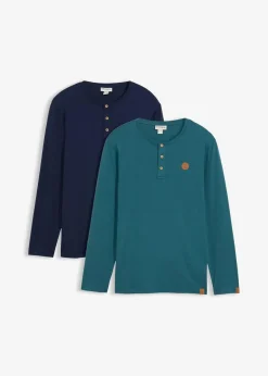 bonprix Große Größen|Shirts & Polos|Langarm-Henleyshirt aus reiner Bio-Baumwolle (2er Pack) pfeffergrün+dunkelblau
