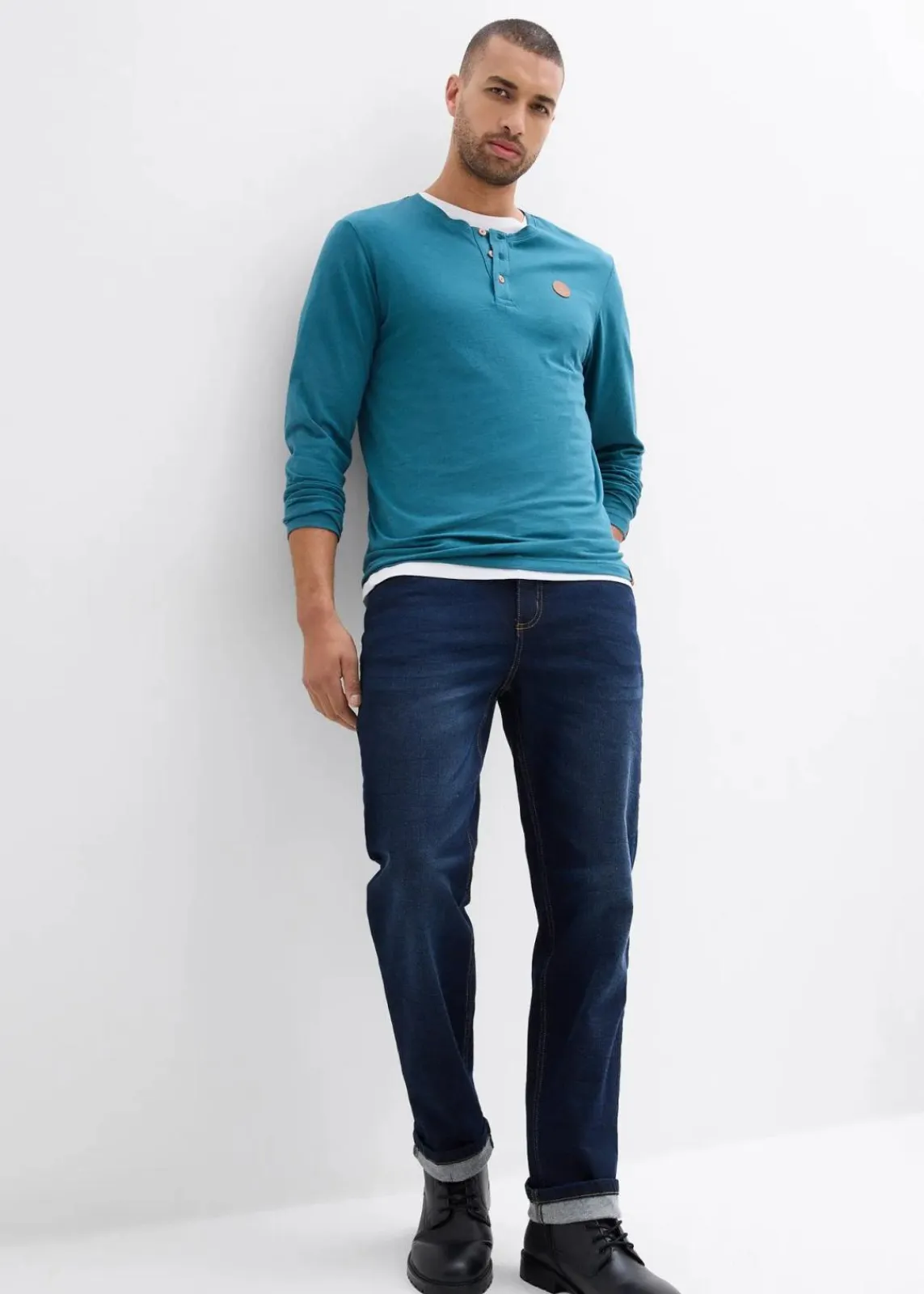 bonprix Große Größen|Shirts & Polos|Langarm-Henleyshirt aus reiner Bio-Baumwolle (2er Pack) pfeffergrün+dunkelblau