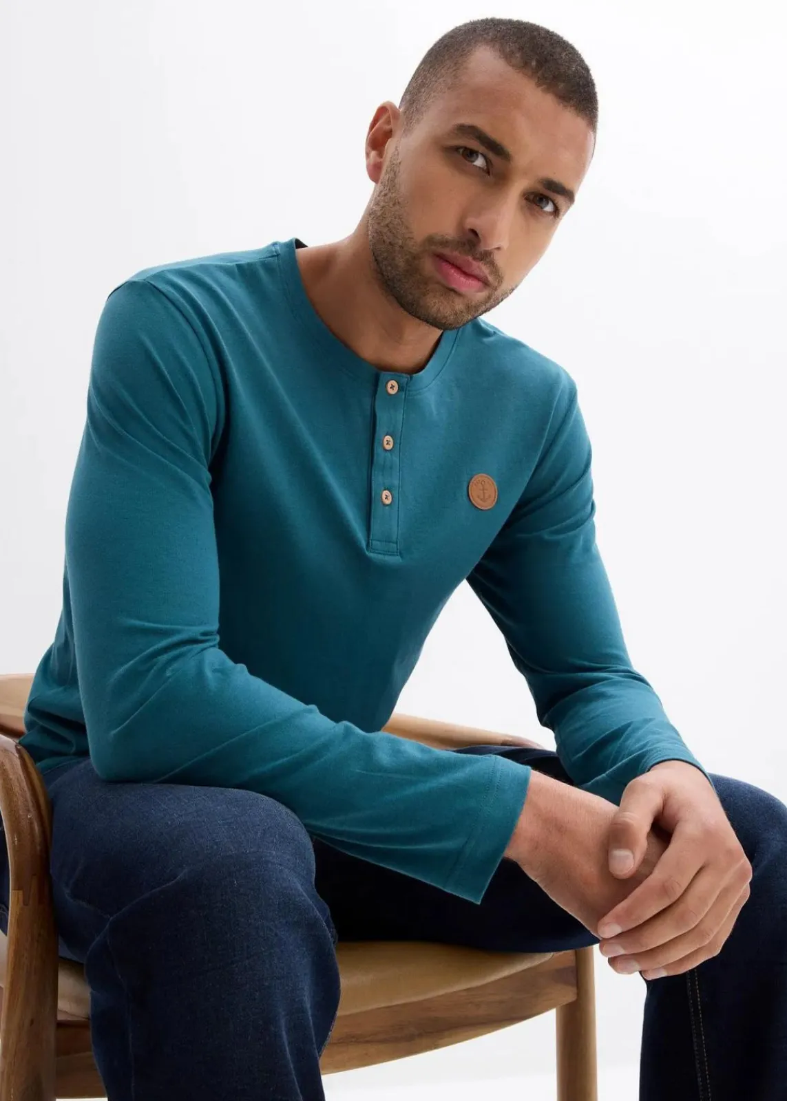 bonprix Große Größen|Shirts & Polos|Langarm-Henleyshirt aus reiner Bio-Baumwolle (2er Pack) pfeffergrün+dunkelblau