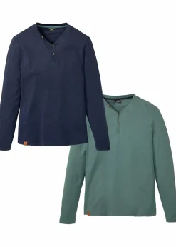 bonprix Shirts & Polos|Basics|Langarm-Henleyshirt aus reiner Bio-Baumwolle (2er Pack) dunkelblau+graugrün