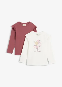 bonprix Mädchen 2-8 Jahre·Nachhaltigere Materialien|Mädchen 9-16 Jahre·Nachhaltigere Materialien|Langarmshirt aus elastischem Bio-Baumwoll-Mix (2er Pack) wollweiß bedruckt + dunkelrose