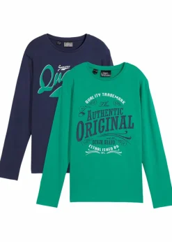 bonprix Jungen 9-16 Jahre·Mehrfachpacks|Jungen 9-16 Jahre·Bademode|Langarmshirt aus reiner Bio-Baumwolle (2er Pack) dunkelblau bedruckt+minzegrün bedruckt