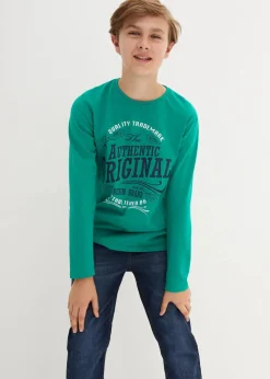 bonprix Jungen 9-16 Jahre·Mehrfachpacks|Jungen 9-16 Jahre·Bademode|Langarmshirt aus reiner Bio-Baumwolle (2er Pack) dunkelblau bedruckt+minzegrün bedruckt