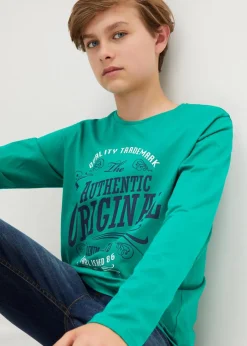 bonprix Jungen 9-16 Jahre·Mehrfachpacks|Jungen 9-16 Jahre·Bademode|Langarmshirt aus reiner Bio-Baumwolle (2er Pack) dunkelblau bedruckt+minzegrün bedruckt