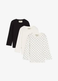 bonprix Mädchen 2-8 Jahre·Nachhaltigere Materialien|Mädchen 9-16 Jahre·Nachhaltigere Materialien|Langarmshirt aus reiner Bio-Baumwolle (3er Pack) wollweiß bedruckt+wollweiß+schwarz