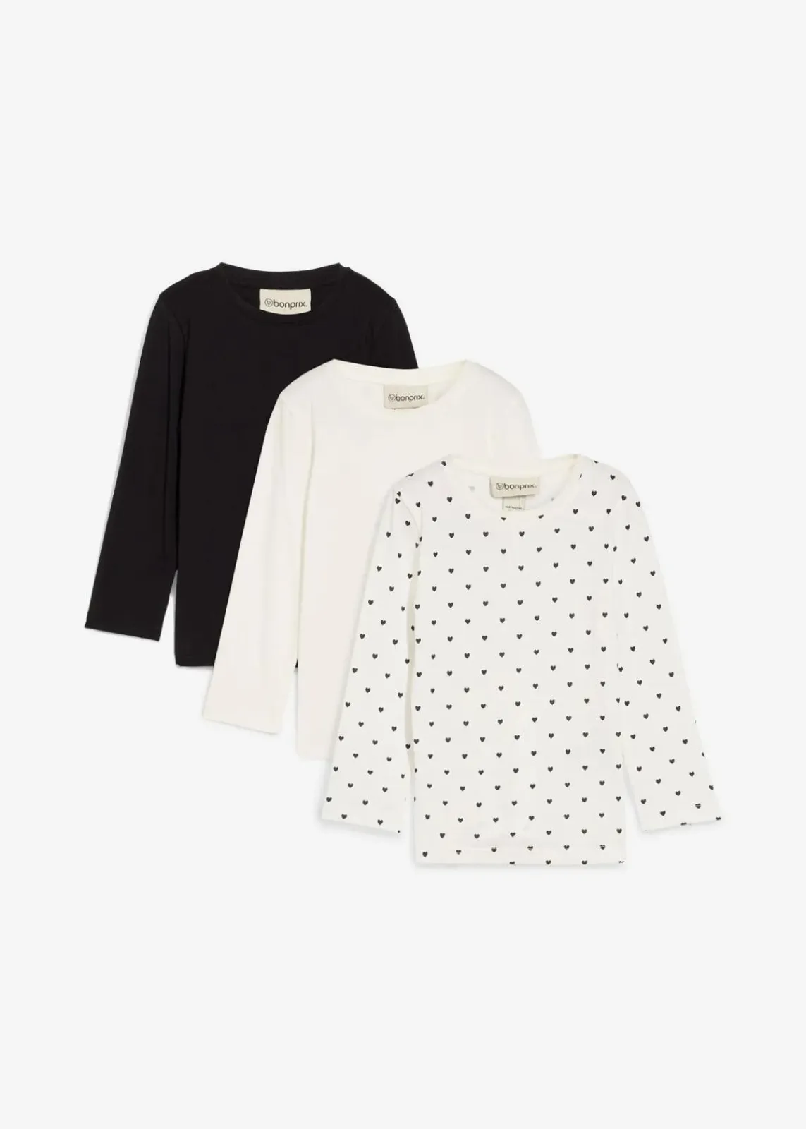 bonprix Mädchen 2-8 Jahre·Nachhaltigere Materialien|Mädchen 9-16 Jahre·Nachhaltigere Materialien|Langarmshirt aus reiner Bio-Baumwolle (3er Pack) wollweiß bedruckt+wollweiß+schwarz