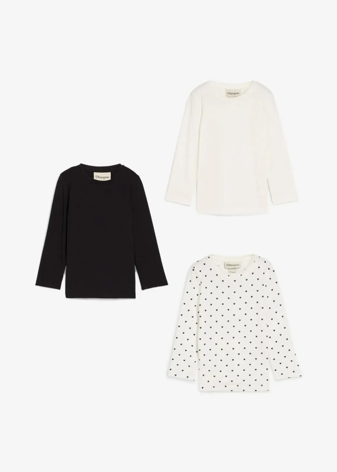 bonprix Mädchen 2-8 Jahre·Nachhaltigere Materialien|Mädchen 9-16 Jahre·Nachhaltigere Materialien|Langarmshirt aus reiner Bio-Baumwolle (3er Pack) wollweiß bedruckt+wollweiß+schwarz